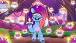 Size: 3072x1727 | Tagged: safe, derpibooru import, screencap, pony, unicorn, g5, my little pony: tell your tale, spoiler:g5, spoiler:my little pony: tell your tale, spoiler:tyts01e66, female, food, friday night food fight, image, jpeg, magic, mare, misty brightdawn, open mouth, open smile, pudding, rebirth misty, smiling, solo, telekinesis