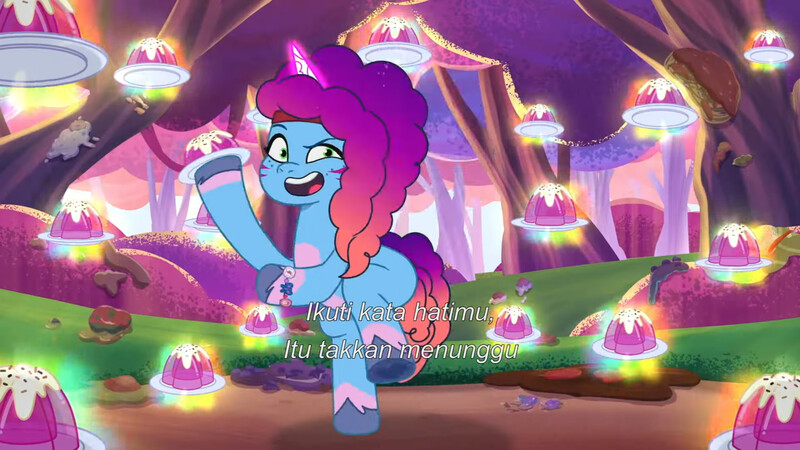 Size: 3072x1727 | Tagged: safe, derpibooru import, screencap, pony, unicorn, g5, my little pony: tell your tale, spoiler:g5, spoiler:my little pony: tell your tale, spoiler:tyts01e66, eyebrows, female, food, friday night food fight, image, jpeg, magic, mare, misty brightdawn, open mouth, open smile, pudding, raised eyebrow, rebirth misty, smiling, solo, telekinesis