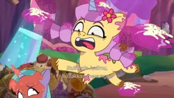 Size: 3072x1727 | Tagged: safe, derpibooru import, screencap, pony, unicorn, g5, my little pony: tell your tale, spoiler:g5, spoiler:my little pony: tell your tale, spoiler:tyts01e66, duo, duo female, female, filly, foal, friday night food fight, image, jpeg, mare, molly blossom, open mouth, shiny sparks