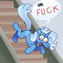 Size: 1440x1440 | Tagged: safe, artist:falloutfurret, artist:fizzlefer, derpibooru import, trixie, pony, unicorn, collaboration, dialogue, female, image, jpeg, mare, solo, speech bubble, stairs, tripping, vulgar