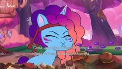 Size: 3072x1727 | Tagged: safe, derpibooru import, screencap, pony, unicorn, g5, my little pony: tell your tale, spoiler:g5, spoiler:my little pony: tell your tale, spoiler:tyts01e66, eyes closed, female, food, friday night food fight, grapes, image, jpeg, mare, misty brightdawn, puffy cheeks, rebirth misty, solo