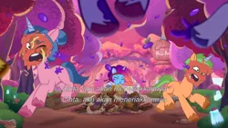Size: 3072x1727 | Tagged: safe, derpibooru import, screencap, pony, unicorn, g5, my little pony: tell your tale, spoiler:g5, spoiler:my little pony: tell your tale, spoiler:tyts01e66, eyes closed, female, food, friday night food fight, grapes, image, jpeg, male, mare, misty brightdawn, one eye closed, open mouth, plum library, rebirth misty, stallion, trio