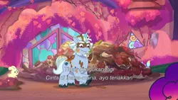 Size: 3072x1727 | Tagged: safe, derpibooru import, screencap, bunnycorn, pony, rabbit, raccoon, unicorn, g5, my little pony: tell your tale, spoiler:g5, spoiler:my little pony: tell your tale, spoiler:tyts01e66, alphabittle blossomforth, animal, duo focus, female, friday night food fight, image, jpeg, male, mare, misty brightdawn, offscreen character, raccoonicorn, rebirth misty, smiling, stallion