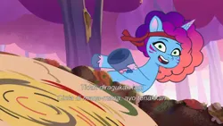 Size: 3072x1727 | Tagged: safe, derpibooru import, screencap, pony, unicorn, g5, my little pony: tell your tale, spoiler:g5, spoiler:my little pony: tell your tale, spoiler:tyts01e66, female, food, friday night food fight, image, jpeg, mare, misty brightdawn, open mouth, pizza, rebirth misty, solo