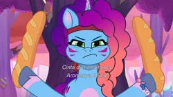 Size: 3072x1727 | Tagged: safe, derpibooru import, screencap, pony, unicorn, g5, my little pony: tell your tale, spoiler:g5, spoiler:my little pony: tell your tale, spoiler:tyts01e66, baguette, bread, female, food, friday night food fight, frown, image, jpeg, mare, misty brightdawn, rebirth misty, solo