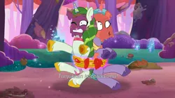 Size: 3072x1727 | Tagged: safe, derpibooru import, screencap, pony, unicorn, g5, my little pony: tell your tale, spoiler:g5, spoiler:my little pony: tell your tale, spoiler:tyts01e66, :o, duo, duo female, female, food, friday night food fight, frown, image, jpeg, mare, one eye closed, open mouth, pasta, shiny sparks, shrunken pupils, spaghetti, 莉芙