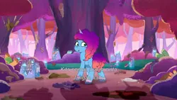 Size: 3072x1727 | Tagged: safe, derpibooru import, screencap, unnamed character, pony, unicorn, g5, my little pony: tell your tale, spoiler:g5, spoiler:my little pony: tell your tale, spoiler:tyts01e66, :o, dapple, female, friday night food fight, image, jpeg, looking back, male, mare, misty brightdawn, open mouth, rebirth misty, stallion
