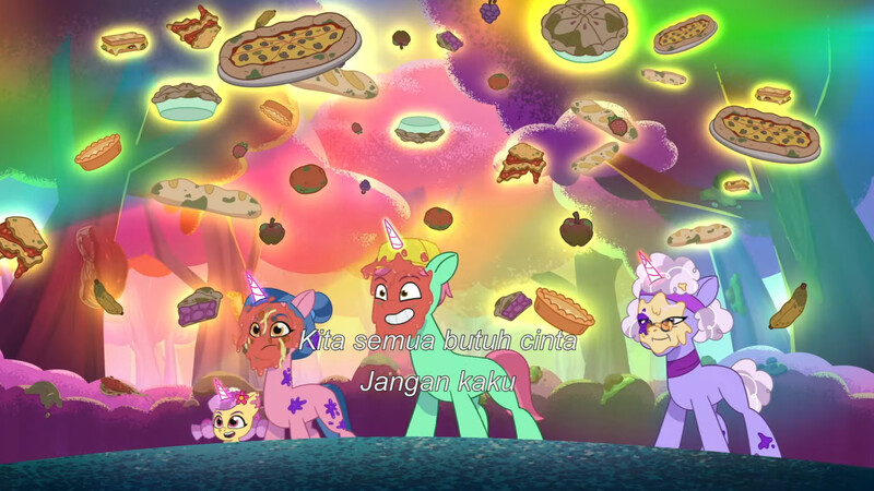 Size: 3072x1727 | Tagged: safe, derpibooru import, screencap, unnamed character, pony, unicorn, g5, my little pony: tell your tale, spoiler:g5, spoiler:my little pony: tell your tale, spoiler:tyts01e66, baguette, banana, bread, cake, female, filly, foal, food, friday night food fight, frown, grin, image, jpeg, magic, male, mare, molly blossom, open mouth, open smile, pie, pizza, plum library, smiling, stallion, telekinesis