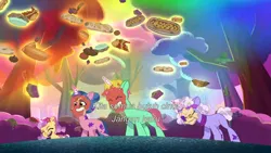 Size: 3072x1727 | Tagged: safe, derpibooru import, screencap, unnamed character, pony, unicorn, g5, my little pony: tell your tale, spoiler:g5, spoiler:my little pony: tell your tale, spoiler:tyts01e66, baguette, banana, bread, cake, eyes closed, female, filly, foal, food, friday night food fight, grin, image, jpeg, magic, male, mare, molly blossom, open mouth, open smile, pie, pizza, plum library, smiling, stallion, telekinesis