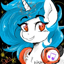 Size: 512x512 | Tagged: safe, artist:thelunarmoon, derpibooru import, vinyl scratch, pony, unicorn, black background, bust, chest fluff, eyebrows, eyebrows visible through hair, female, glow, glowing horn, grin, headphones, headphones around neck, horn, image, looking at you, mare, missing accessory, no glasses, png, simple background, smiling, smiling at you, solo