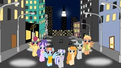 Size: 1600x900 | Tagged: safe, artist:amazingangus76, derpibooru import, cloudy quartz, cookie crumbles, mane allgood, pear butter, posey shy, twilight velvet, windy whistles, earth pony, pegasus, pony, unicorn, break my stride, city, female, image, jpeg, mare, mom six, music notes, open mouth, open smile, singing, smiling, street, stroll