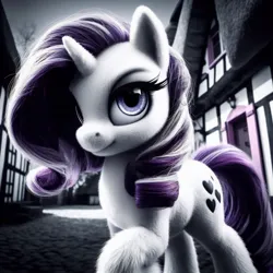 Size: 1024x1024 | Tagged: safe, ai content, machine learning generated, ponerpics import, ponybooru import, rarity, pony, unicorn, alternate cutie mark, bing, dramatic, dramatic lighting, female, fluffy, image, jpeg, looking at you, makeup, mare, noir, partial color, ponyville, serious, serious face, solo