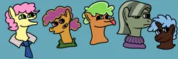 Size: 1500x500 | Tagged: safe, artist:dexterousdecarius, derpibooru import, li'l cheese, oc, oc:chicory root, oc:jelly gelato, oc:peanut pickler, oc:roxy road, earth pony, unicorn, the last problem, blue background, half-siblings, image, jpeg, magical gay spawn, next generation, offspring, parent:cheese sandwich, parent:party favor, parent:pinkie pie, parents:cheesepie, parents:partycheesepie, parents:partypie, siblings, simple background