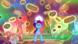 Size: 3072x1727 | Tagged: safe, derpibooru import, screencap, pony, unicorn, g5, my little pony: tell your tale, spoiler:g5, spoiler:my little pony: tell your tale, spoiler:tyts01e66, female, food, friday night food fight, gritted teeth, image, indonesian, jpeg, mare, misty brightdawn, pie, pizza, rebirth misty, solo, teeth