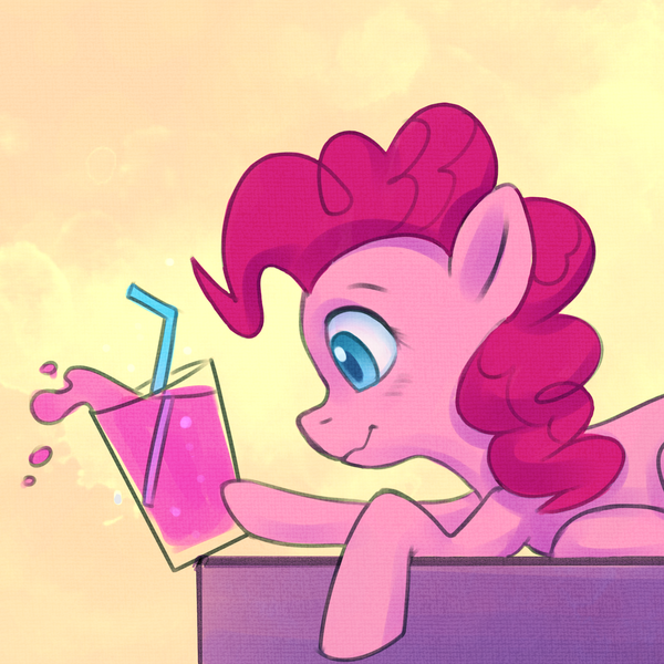 Size: 2560x2560 | Tagged: safe, artist:replacer808, derpibooru import, pinkie pie, earth pony, pony, female, glass, high res, image, juice, lemonade, lying down, mare, png, prone, pure unfiltered evil, pushing, solo, spill, straw, table, wavy mouth