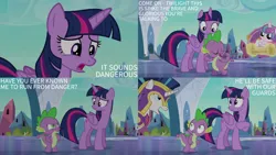 Size: 2000x1125 | Tagged: safe, derpibooru import, edit, edited screencap, editor:quoterific, screencap, princess flurry heart, shining armor, spike, twilight sparkle, the times they are a changeling, image, png