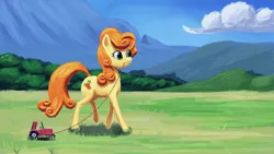 Size: 4550x2560 | Tagged: safe, artist:terrafomer, derpibooru import, carrot top, golden harvest, earth pony, pony, female, image, mare, png, scenery, solo, tractor