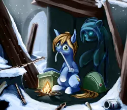 Size: 1200x1045 | Tagged: safe, artist:anonymous, artist:terrafomer, derpibooru import, oc, unofficial characters only, earth pony, ghost, ghost pony, pony, undead, bag, bandage, fire, image, imminent death, png, rebar, snow, snowfall