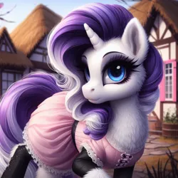Size: 1024x1024 | Tagged: safe, ai content, machine learning generated, ponerpics import, ponybooru import, rarity, pony, unicorn, alternate hairstyle, aside glance, bing, chest fluff, clothed ponies, clothes, dress, female, fluffy, image, jpeg, looking at you, mare, pink dress, ponyville, sideways glance, solo