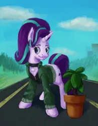 Size: 2000x2560 | Tagged: safe, artist:terrafomer, derpibooru import, starlight glimmer, pony, unicorn, choker, clothes, female, image, jacket, mare, png, potted plant, road, solo