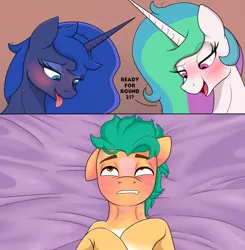 Size: 1102x1125 | Tagged: suggestive, derpibooru import, hitch trailblazer, princess celestia, princess luna, alicorn, earth pony, pony, g5, aftersex, bed, blushing, death by snu snu, hitch trailblazer gets all the mares, image, kiss mark, lipstick, png, tongue out
