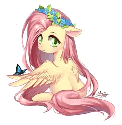 Size: 1648x1688 | Tagged: safe, artist:mjiffy, derpibooru import, fluttershy, butterfly, insect, pegasus, pony, female, floral head wreath, flower, image, jpeg, looking at you, looking back, mare, simple background, solo, white background