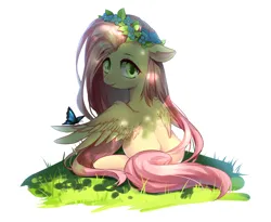 Size: 2200x1800 | Tagged: safe, artist:mjiffy, derpibooru import, fluttershy, butterfly, insect, pegasus, pony, alternate hairstyle, female, floral head wreath, flower, image, jpeg, looking at you, looking back, mare, simple background, solo, white background