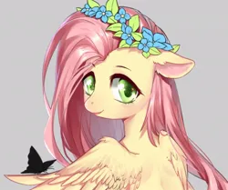 Size: 910x762 | Tagged: safe, artist:mjiffy, derpibooru import, fluttershy, butterfly, insect, pegasus, pony, female, floral head wreath, flower, gray background, image, jpeg, looking at you, looking back, mare, simple background, solo, wip