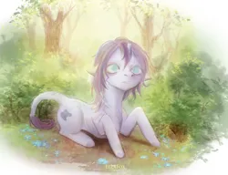 Size: 2211x1698 | Tagged: safe, artist:elzafox, derpibooru import, oc, oc:penumbra shrill, unofficial characters only, pony, unicorn, blind, broken horn, commission, female, forest, horn, image, jpeg, leonine tail, lying down, mare, nature, prone, solo, tail, tree, ych result