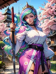 Size: 1536x2048 | Tagged: safe, ai content, derpibooru import, machine learning generated, kimono, princess celestia, human, g3, cherry blossoms, crown, flower, flower blossom, generator:seaart.ai, humanized, image, japan, jewelry, katana, png, princess, prompter:neondash, regalia, sword, weapon