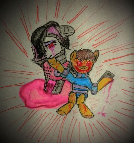 Size: 2992x3198 | Tagged: safe, artist:mettaton, derpibooru import, demon, demon pony, original species, pony, robot, robot pony, blushing, breasts, broken horn, chara, clothes, crying, dark background, dripping blood, duo, ear fluff, ears up, female, fight, floppy ears, frisk, heartbreak, horn, image, jpeg, laughing, lineart, male, male to female, mettaton, mettaton ex, open mouth, phone, raised hoof, red eyes, rule 63, sad, selfie, sitting, sweater, traditional art, undertale, unshorn fetlocks