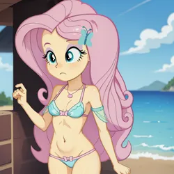 Size: 1536x1536 | Tagged: safe, ai content, derpibooru import, machine learning generated, fluttershy, human, equestria girls, beach, belly button, bikini, clothes, cloud, g4, image, ocean, png, prompter:angel-saez, sand, sky, swimsuit, water