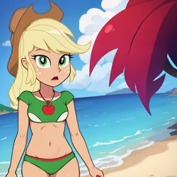 Size: 1536x1536 | Tagged: safe, derpibooru import, machine learning generated, applejack, equestria girls, beach, belly button, bikini, clothes, cloud, g4, hat, image, jewelry, necklace, ocean, palm tree, png, prompter:angel-saez, sand, sky, swimsuit, tree, water