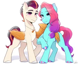 Size: 3272x2709 | Tagged: safe, artist:xiaowu07, derpibooru import, rocky riff, earth pony, pegasus, pony, g5, duo, duo male and female, female, image, jazz hooves, looking at you, male, mare, png, rockjazz, shipping, simple background, smiling, stallion, straight, white background