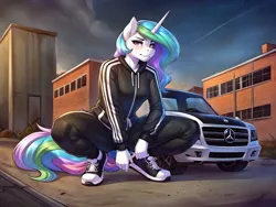 Size: 3840x2880 | Tagged: safe, ai content, derpibooru import, machine learning generated, princess celestia, anthro, unicorn, abandoned, adidas, car, clothes, female, g4, gopnik, image, mercedes-benz, night, png, prompter:groupstation, shoes, slav, solo, solo female, squatting, tracksuit