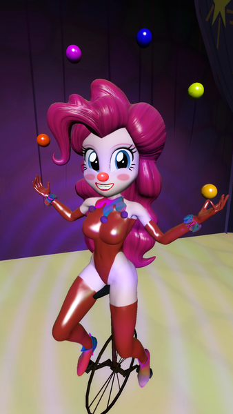 Size: 1080x1920 | Tagged: suggestive, artist:oatmeal!, derpibooru import, pinkie pie, human, equestria girls, 3d, accessory swap, bare shoulders, canterlot high, clothes, clown, clown makeup, clown nose, costume, evening gloves, gloves, gmod, image, juggling, latex, latex gloves, latex leotard, latex stockings, leotard, long gloves, looking at you, makeup, performance, png, red nose, socks, solo, spotlight, stage, stockings, thigh highs, thong leotard, unicycle, unitard