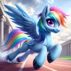 Size: 1024x1024 | Tagged: suggestive, ai content, machine learning generated, ponerpics import, ponybooru import, rainbow dash, pegasus, pony, alternate cutie mark, bing, female, image, jpeg, mare, multiple wings, running track, solo, spread wings, stepping on something, undefinable fluid, unshorn fetlocks, wings