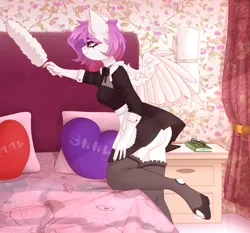 Size: 2452x2288 | Tagged: safe, artist:elektra-gertly, derpibooru import, oc, oc:ellie berryheart, unofficial characters only, anthro, pegasus, apron, bedroom, big breasts, black eyeshadow, book, bow, breasts, brush, butt, cleaning, clothes, curtains, double bed, erotica, eyelashes, eyeshadow, flower wallpaper, glasses, green eyes, heart, heels on a horse, housewife, image, maid, makeup, nightstand, panties, pillow, png, sconce, sheet, socks, solo, stockings, thigh highs, underwear, white panties, white underwear, wings