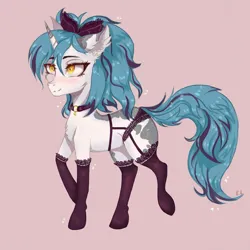 Size: 1500x1500 | Tagged: suggestive, alternate version, artist:hysteriana, derpibooru import, oc, oc:evening lake, unofficial characters only, pony, unicorn, amber eyes, bell, bell collar, belt, black socks, black underwear, blank flank, blue mane, bow, chest fluff, choker, clothes, collar, cute, digital art, ear fluff, eyebrows, female, full body, hair bow, hooves, horn, image, lace, lace underwear, light skin, long tail, looking up, orange eyes, panties, pink background, png, ponytail, simple background, smiling, socks, solo, spots, spotted, stockings, tail, thigh highs, underwear