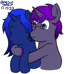 Size: 600x650 | Tagged: safe, artist:ideletedsystem64, derpibooru import, oc, oc:technomancer, oc:xeno (iraven), unofficial characters only, pony, unicorn, blue coat, blue mane, duo, eyes closed, female, glasses, gradient mane, gray coat, happy, heterochromia, horn, hug, hug from behind, image, mare, png, purple mane, signature, simple background, unicorn oc, unshorn fetlocks, white background