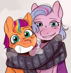 Size: 2919x3003 | Tagged: safe, artist:daisy_marshmallow, derpibooru import, queen haven, sunny starscout, pegasus, pony, g5, clothes, cold, female, image, lesbian, looking at you, messy mane, png, scarf, shared clothing, shared scarf, shipping, smiling, smiling at you, sunnyhaven