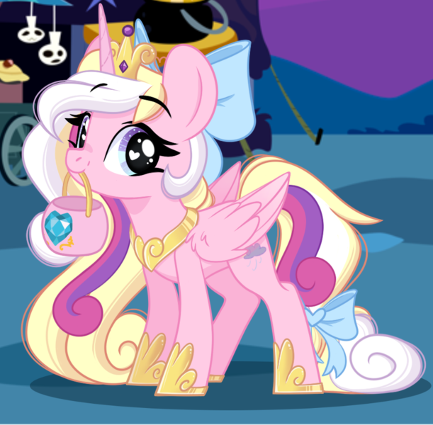 Size: 915x899 | Tagged: safe, artist:emberslament, derpibooru import, princess cadance, oc, oc:bay breeze, unofficial characters only, alternate hairstyle, baydence, bow, clothes, costume, cute, hair bow, heart, heart eyes, image, jewelry, mouth hold, nightmare night, png, regalia, tail, tail bow, wingding eyes