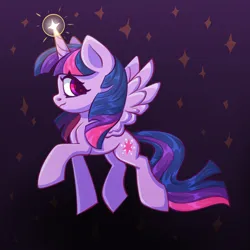 Size: 2000x2000 | Tagged: safe, artist:kutemango, derpibooru import, twilight sparkle, alicorn, pony, chibi, colorful, cute, dark background, g4, glow, glowing horn, horn, image, png, solo, spread wings, stars, wings