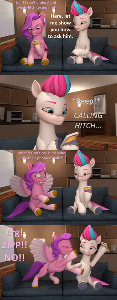 Size: 1686x4320 | Tagged: safe, artist:red4567, derpibooru import, pipp petals, zipp storm, pegasus, pony, equestria girls, equestria girls series, g5, text support, 3d, comic, episode reference, image, implied hitch trailblazer, keep away, panicking, phone, png, sisters being sisters, source filmmaker, text support: sunset shimmer