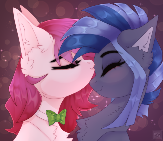 Size: 2506x2160 | Tagged: safe, artist:elektra-gertly, derpibooru import, oc, oc:ellie berryheart, oc:pixi feather, unofficial characters only, pegasus, pony, abstract background, blushing, bowtie, bust, duo, duo female, ear fluff, eyes closed, eyeshadow, female, image, kissing, makeup, png, portrait, simple background, smiling