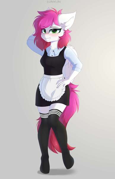 Size: 3726x5760 | Tagged: safe, artist:lunylin, derpibooru import, oc, oc:ellie berryheart, unofficial characters only, anthro, pegasus, apron, black eyeshadow, blue shirt, breasts, clothes, dress, ear fluff, eyeshadow, green eyes, image, jpeg, knee high socks, long eyelashes, maid, makeup, smiling, socks, solo, sundress, tail, wings