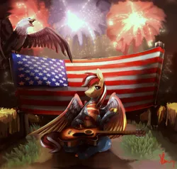 Size: 3070x2919 | Tagged: safe, artist:alumx, derpibooru import, oc, oc:luna jax, unofficial characters only, bald eagle, bird, eagle, pegasus, pony, acoustic guitar, album cover, american flag, fireworks, flag, guitar, high res, image, jpeg, male, murica, musical instrument, partially open wings, raised hoof, sitting, solo, stallion, united states, unshorn fetlocks, wings