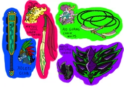 Size: 1414x1000 | Tagged: safe, artist:zetikoopa, derpibooru import, oc, oc:abyss arturus, oc:ao guang, oc:mythic soul, oc:xolotl, ahuizotl (species), dragon, hybrid, kirin, longma, pony, umbrum, unicorn, chain whip, club (weapon), image, immortal, kirin oc, macuahuitl, male, png, saber, shield, stallion, sword, weapon