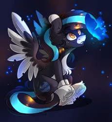 Size: 1852x2017 | Tagged: safe, artist:yuris, derpibooru import, oc, butterfly, insect, pegasus, pony, black background, ears up, female, frog (hoof), image, png, simple background, sitting, smiling, solo, spread wings, trade, underhoof, wings