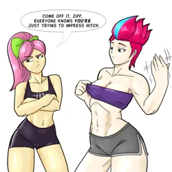 Size: 3600x3600 | Tagged: suggestive, artist:jackudoggy, derpibooru import, posey (g5), zipp storm, human, comic:for whom the envy blooms, g5, my little pony: tell your tale, abs, adidas, breasts, busty zipp storm, cameltoe, clothes, comic, duo, duo female, female, females only, high res, humanized, image, implied hitch trailblazer, implied hitchzipp, implied shipping, implied straight, jealous, muscles, muscular female, png, reasonably sized breasts, ripped zipp, shorts, simple background, size difference, speech bubble, text, white background, workout outfit